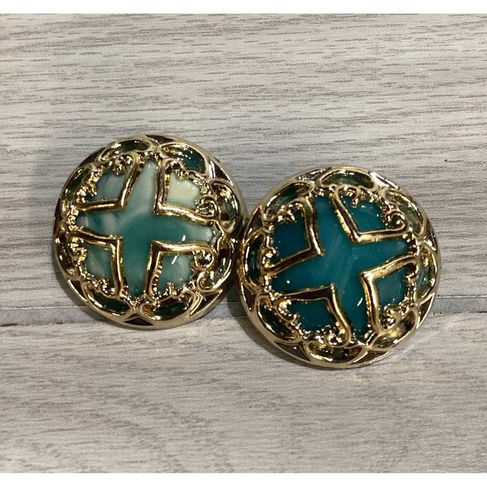 Goldtone‎ Plastic Clip On Earrings w/ Teal Stones Round Vintage A23